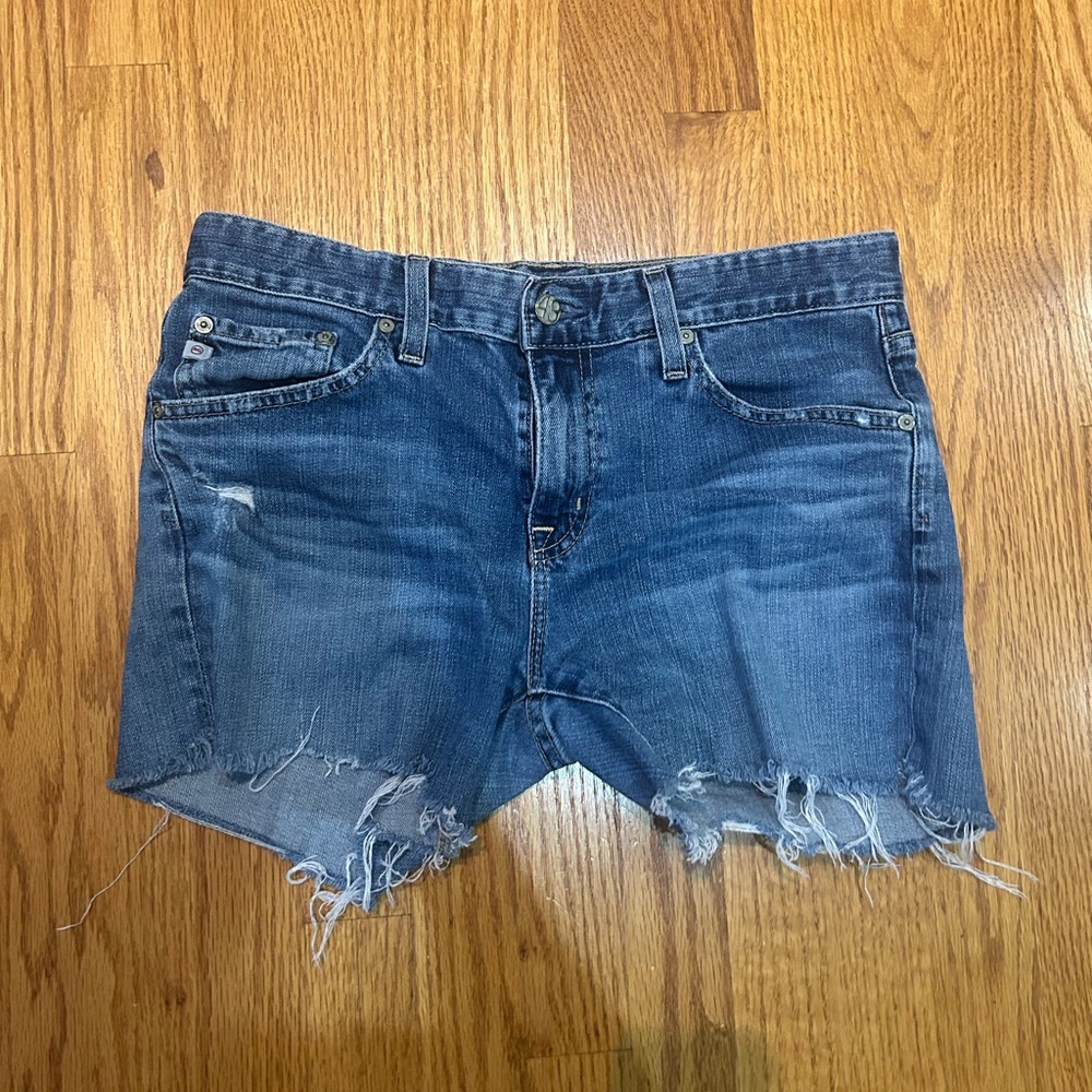 AG Adriano Goldschmied Faded Blue Frayed Jean Shorts